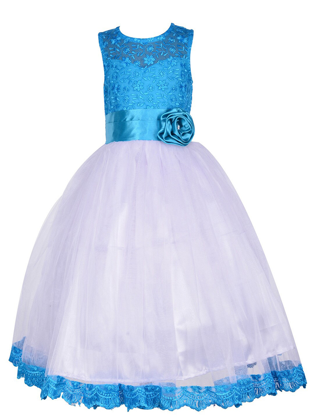 Samsara Couture Kids Girls Blue And White Floral Embroidered Floral Applique Net Dress