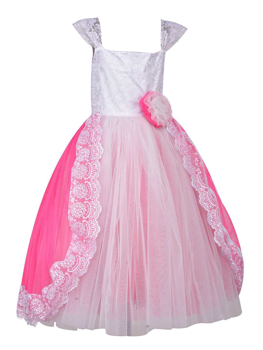 Samsara Couture Kids Girls White And Pink Applique Embroidered Detail Layered Net Dress