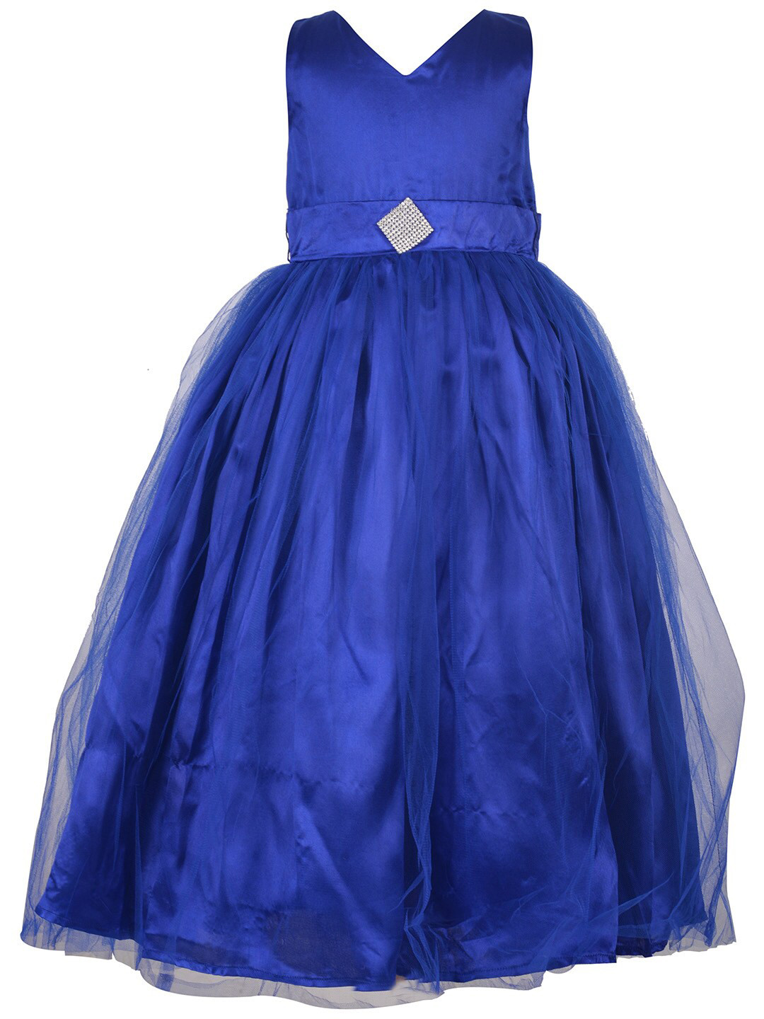 Samsara Couture Kids Girls Blue V Neck Sleeveless Applique Net Maxi Dress