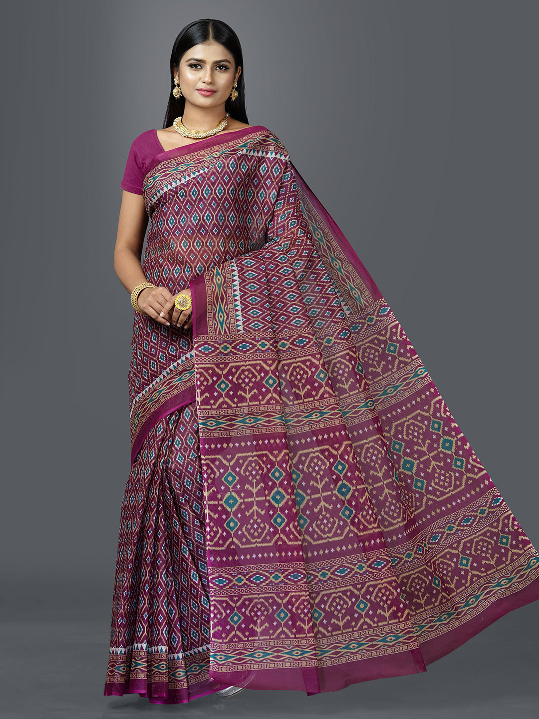 SHANVIKA Magenta & Blue Pure Cotton Block Print Saree