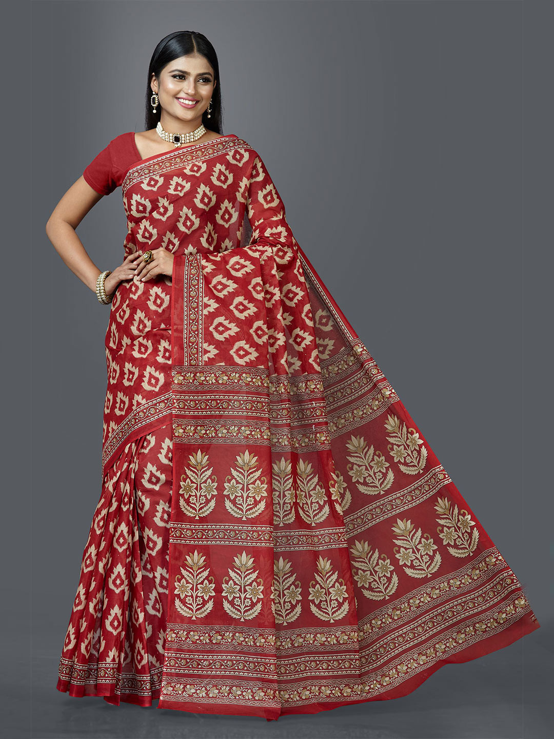 SHANVIKA Red & Cream Pure Cotton Block Print Saree