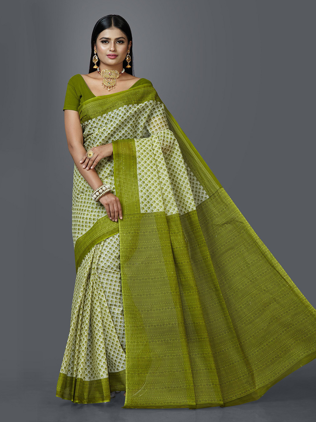 SHANVIKA Beige & Green Floral Print Pure Cotton Saree