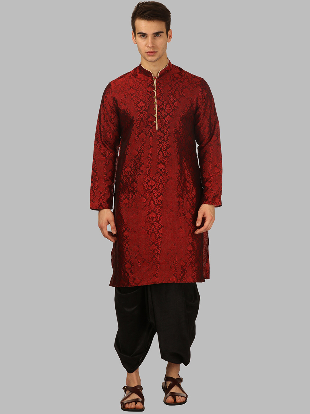 ROYAL KURTA Men Red Floral Printed Kurta with Dhoti Pant