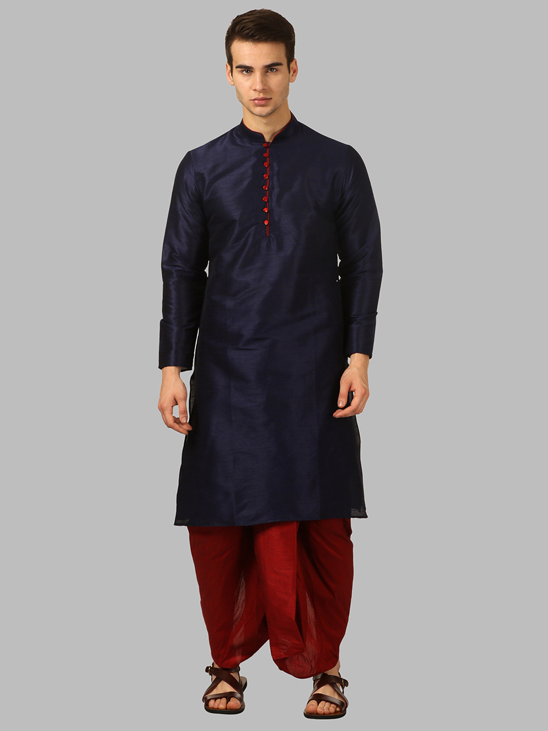 ROYAL KURTA Men Navy Blue And Maroon Solid Mandarin Collar Kurta With Dhoti Pant
