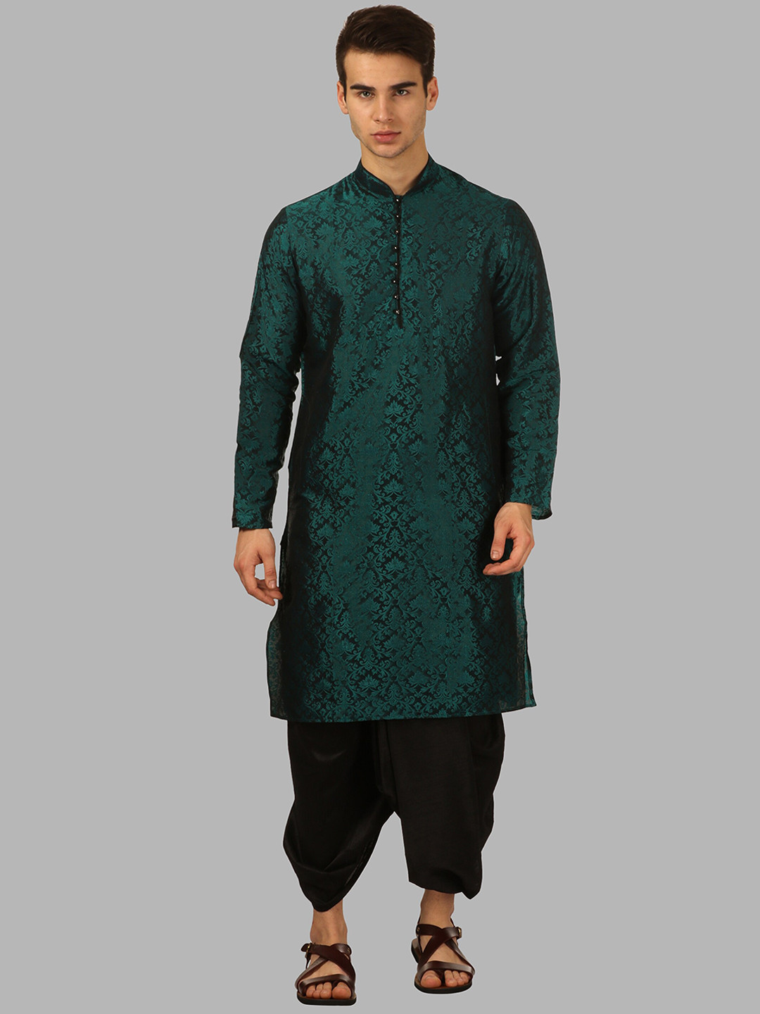 ROYAL KURTA Men Green Woven Design Floral Kurta with Dhoti Pants