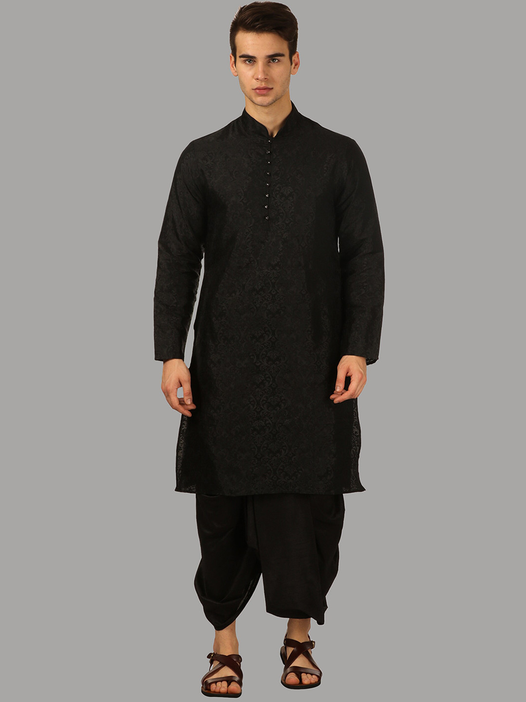 ROYAL KURTA Men Black Silk Blend Floral Kurta with Dhoti Pants