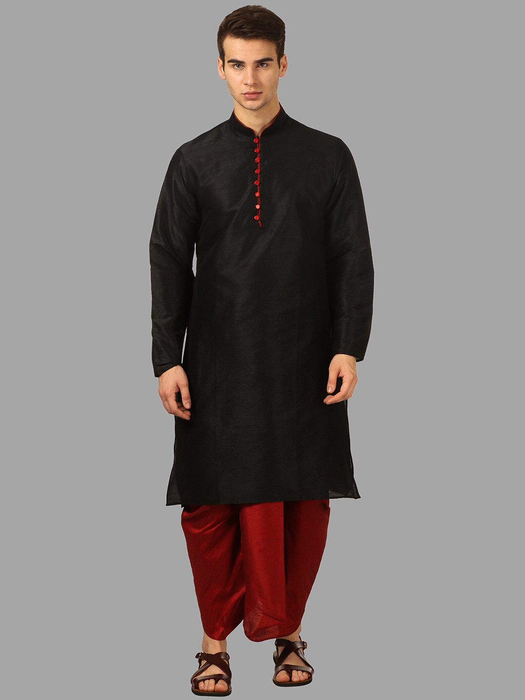 ROYAL KURTA Men Black And Maroon Solid Mandarin Collar Kurta With Dhoti Pant
