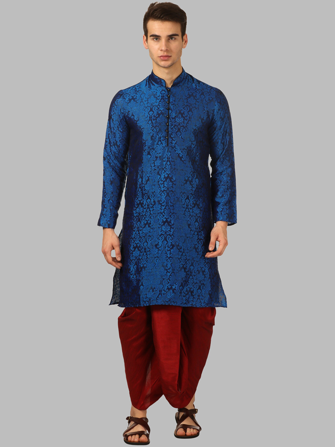 ROYAL KURTA Men Blue Floral & Maroon Printed Silk Blend Straight Kurta with Dhoti Pants