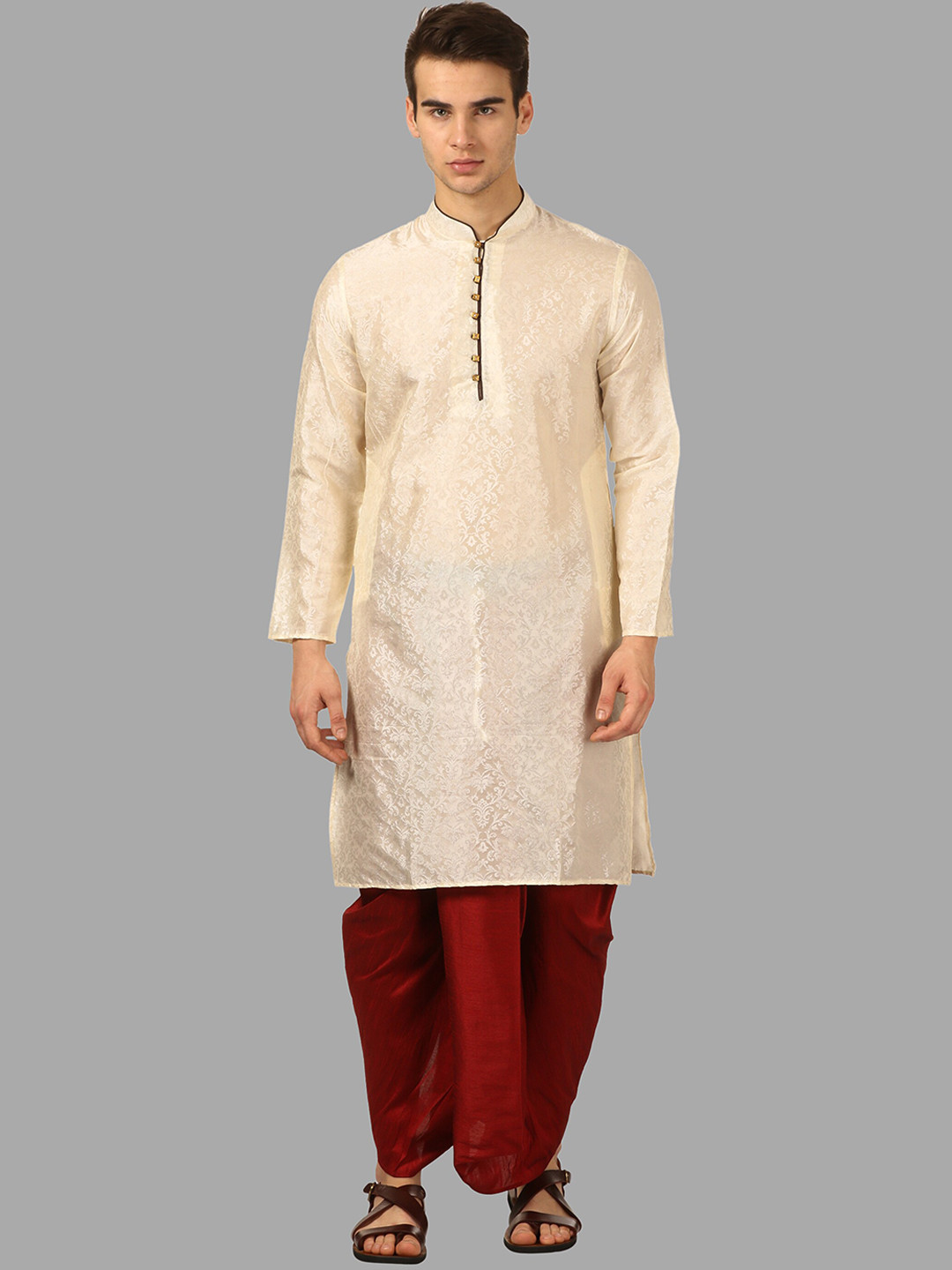 ROYAL KURTA Men Beige & Maroon Floral Kurta with Pyjama