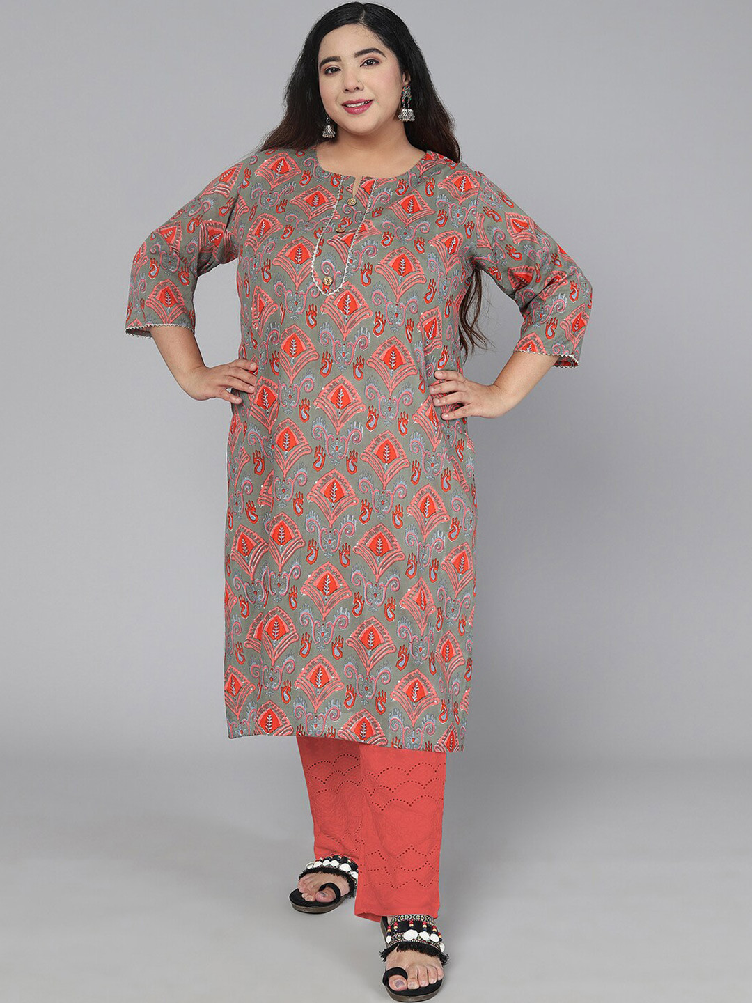 Jevi Prints Women Olive Green & Orange Cotton Ethnic Motifs Printed Plus Size Kurta