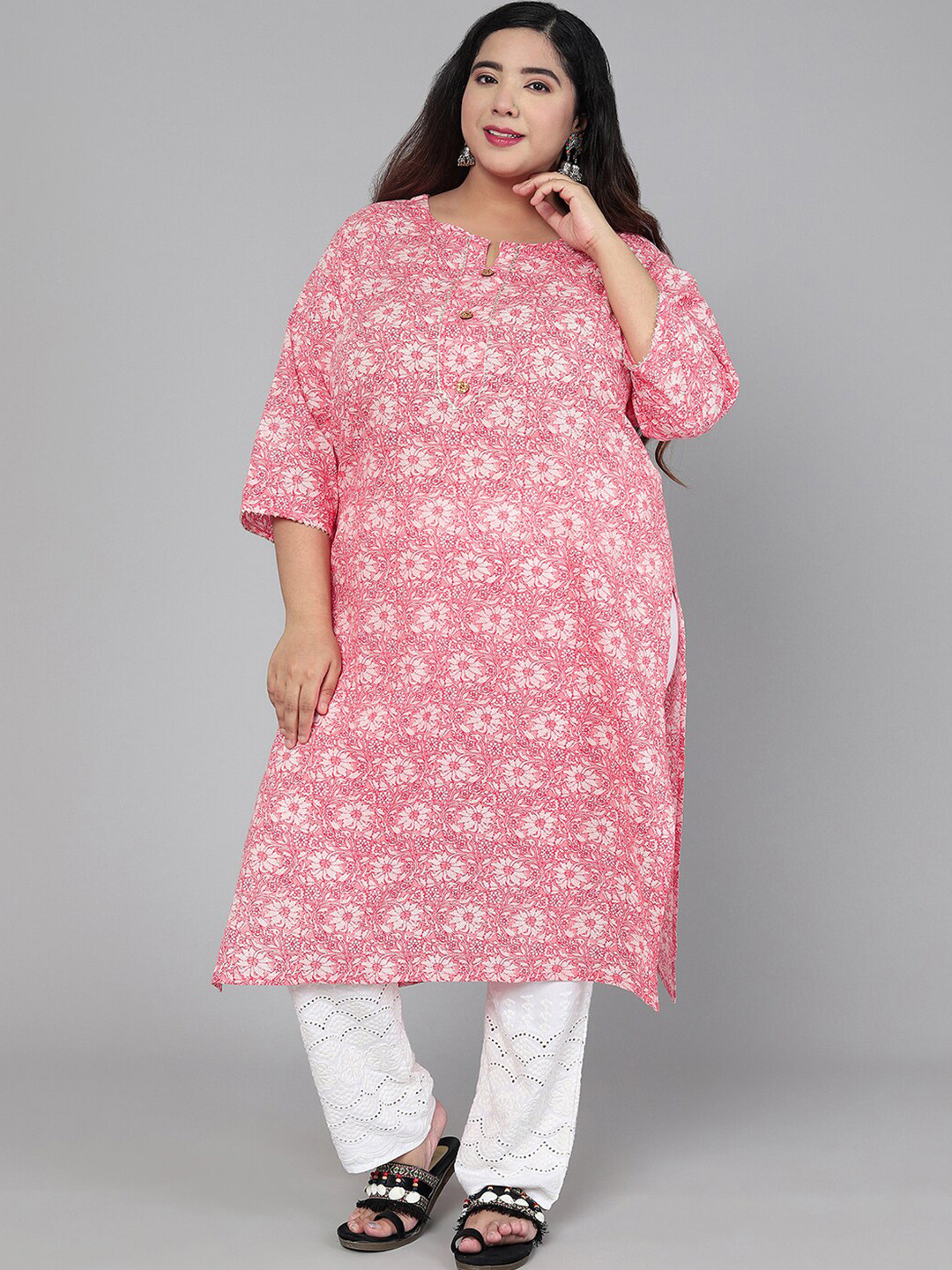 Jevi Prints Women Pink & White Floral Printed Keyhole Neck Kurta