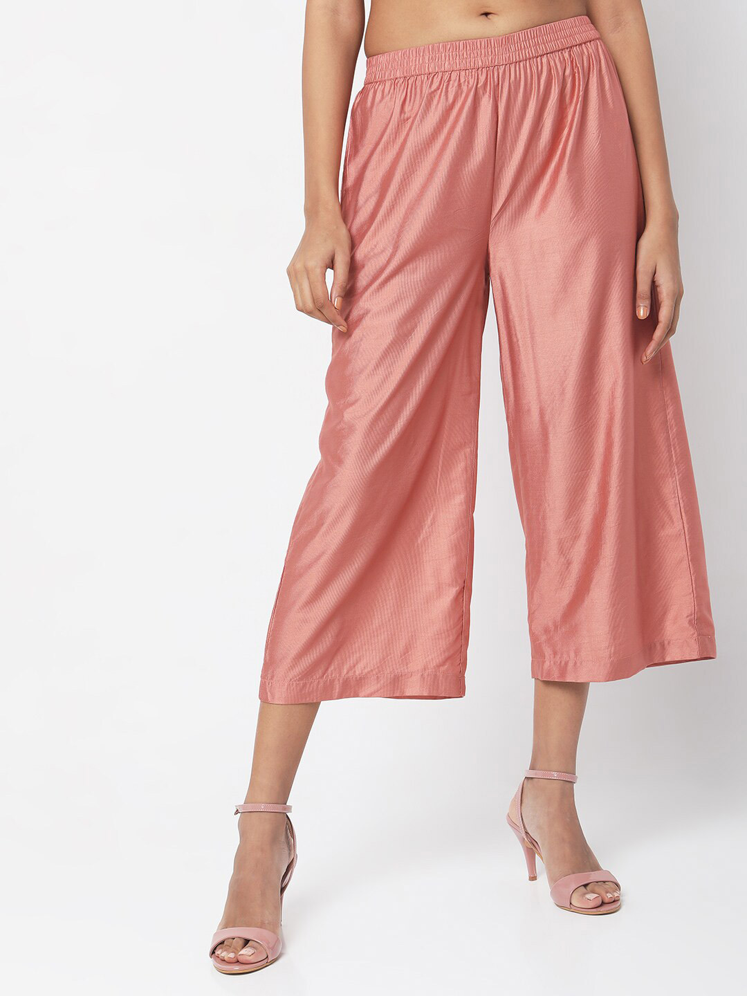 Ethnicity Women Peach Solid Calf Length Cropped Wide Leg Palazzo