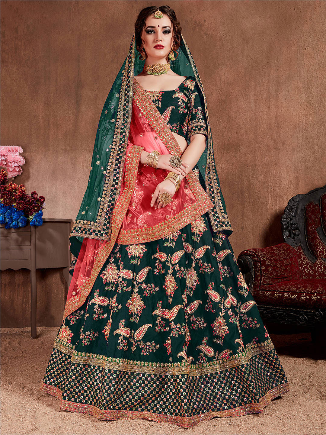 FABPIXEL Green & Pink Embroidered Zardozi Semi-Stitched Lehenga & Unstitched Blouse With Dupatta