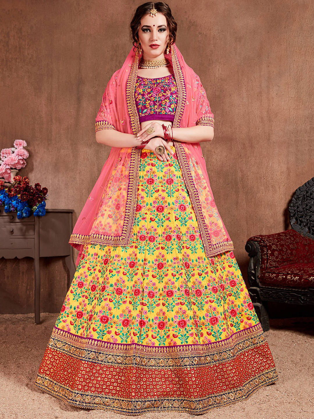 FABPIXEL Yellow & Pink Embroidered Beads and Stones Semi-Stitched Lehenga & Unstitched Blouse With Dupatta