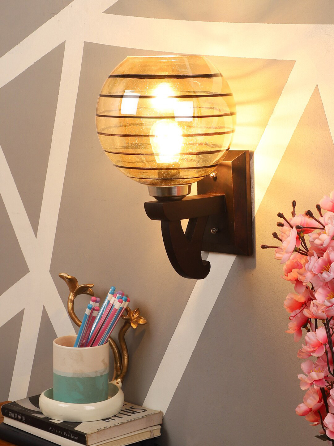 Foziq Brown Striped Spherical Contemporary Wall Lamp