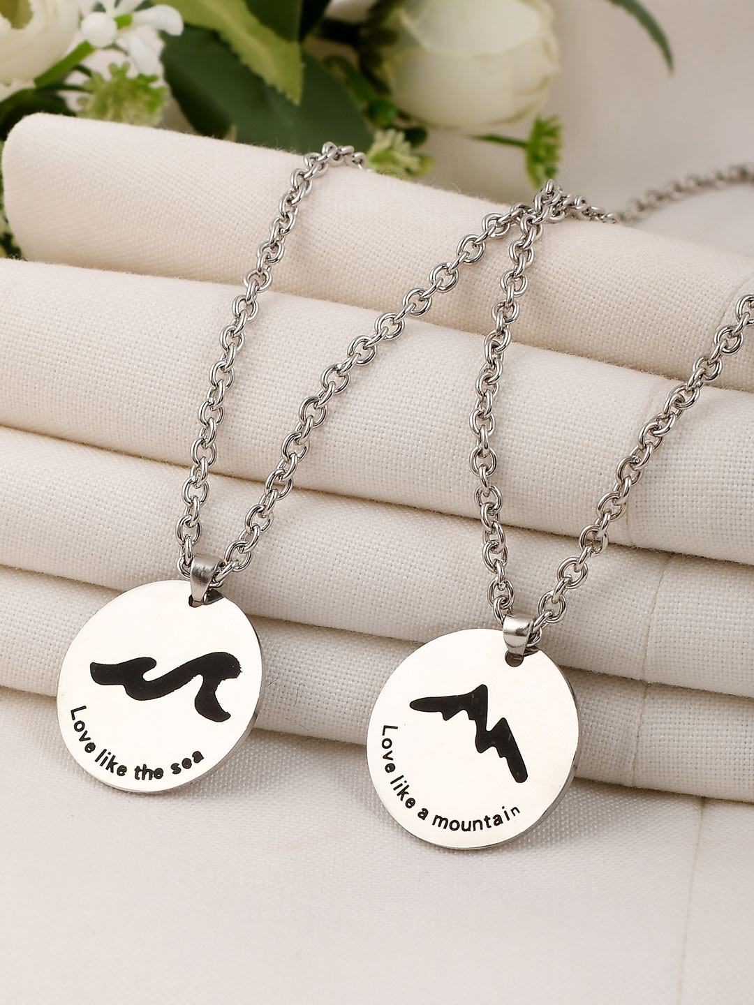 AQUASTREET Set Of 2 Silver Plated Inscribed Circle Couple Pendants Chain