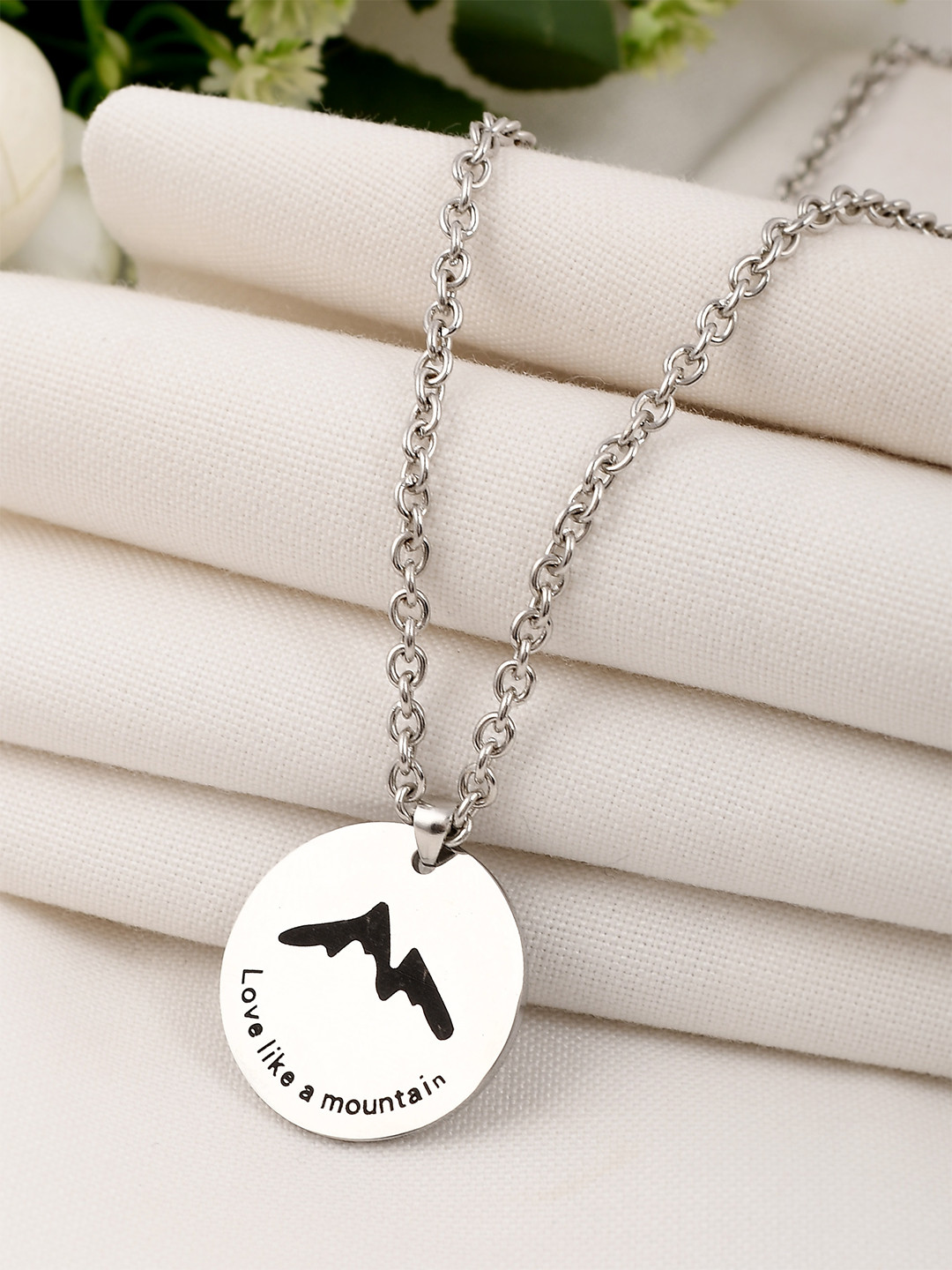 AQUASTREET Silver-Toned Love like a Mountain Inscribed Pendant with Chain