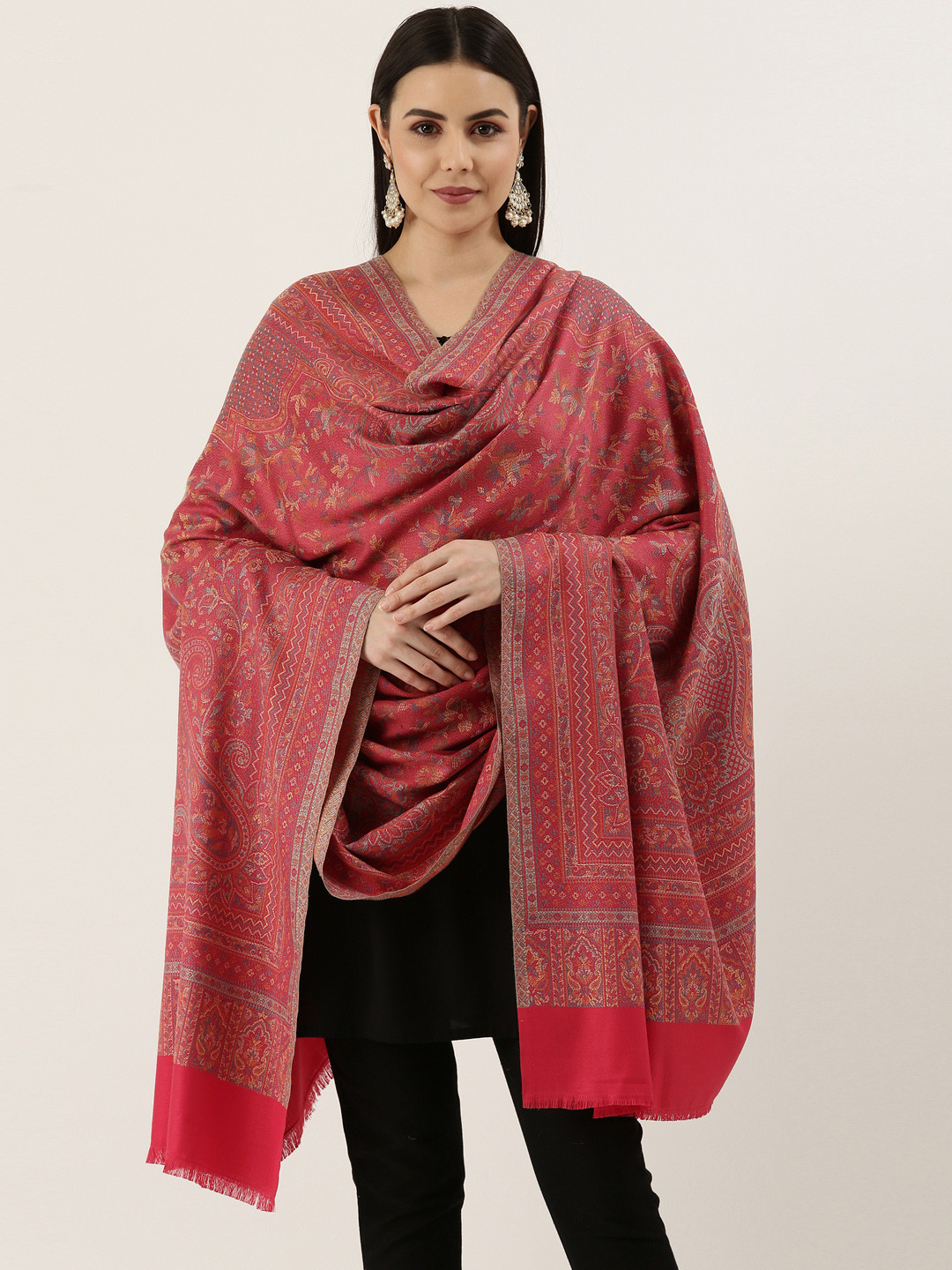 Pashmoda Women Pink Woven Design Wool Jamawar Shawl