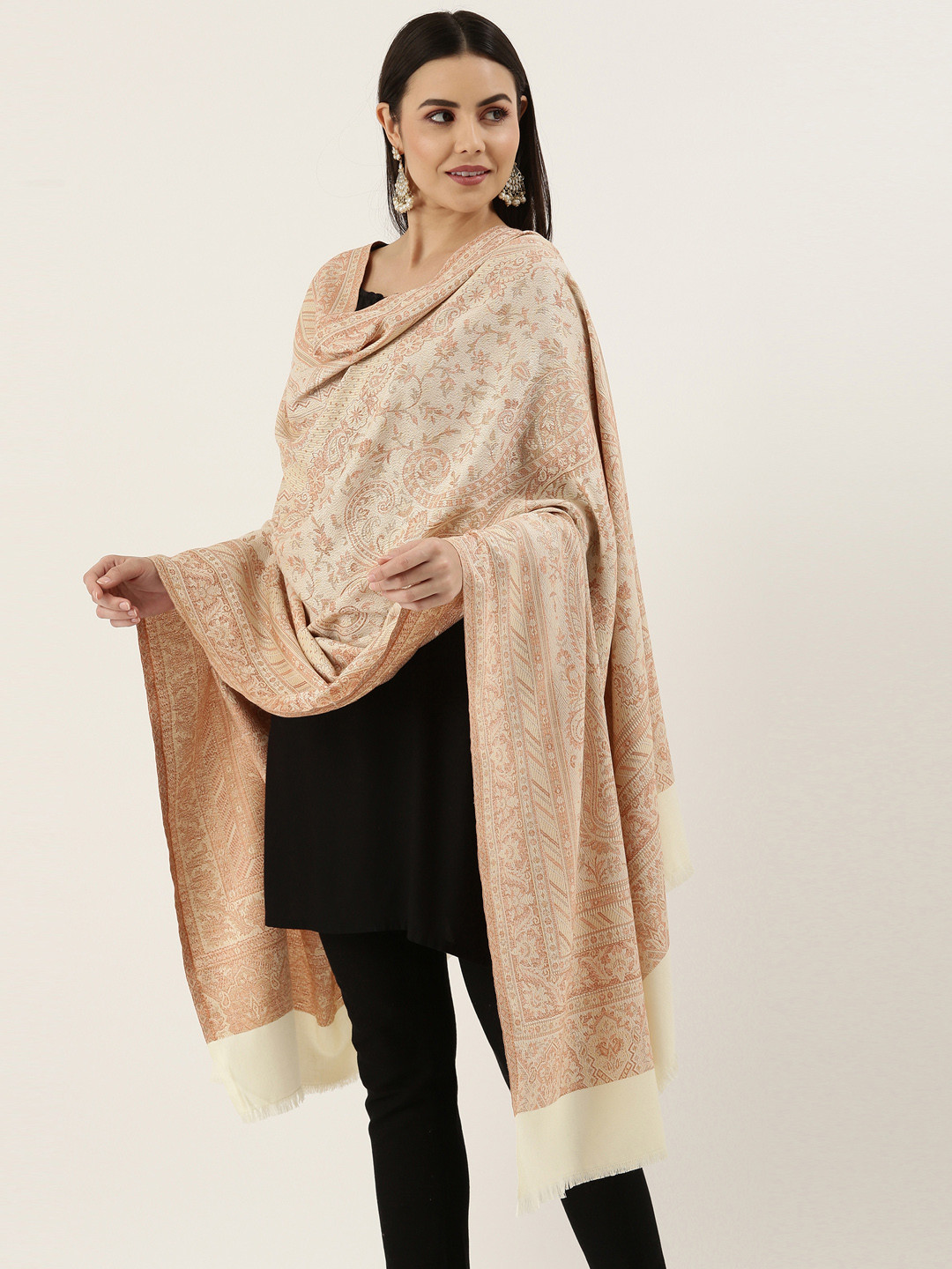 Pashmoda Woman Off- White Woven Design Jamawar Shawl