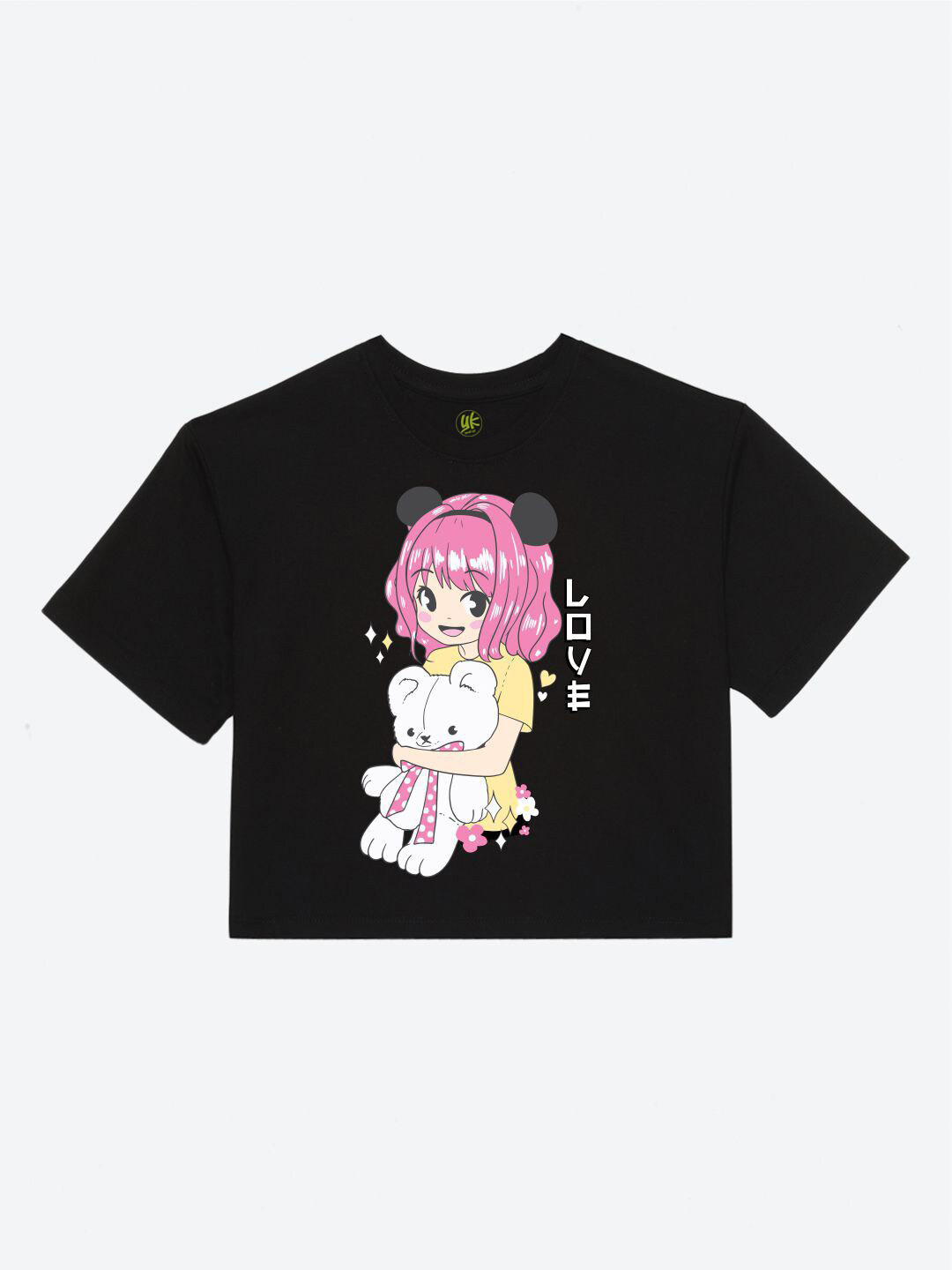 YK Girls Anime Girl with Teddy Bear Printed Boxy T-shirt