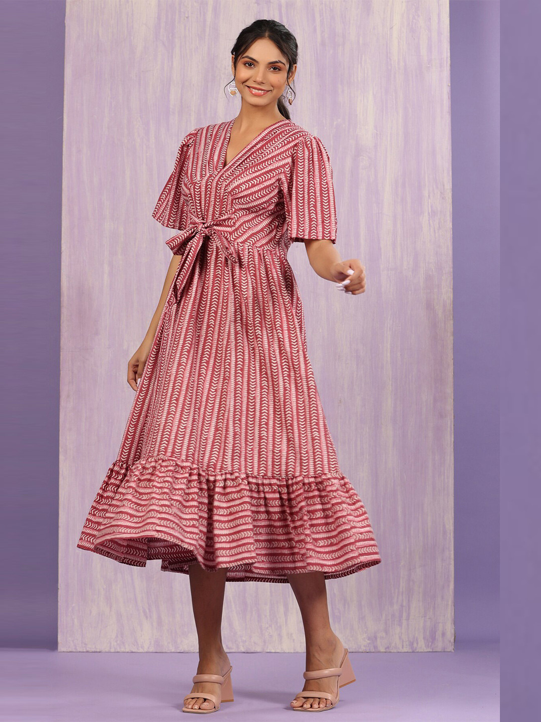 JISORA Maroon Striped Midi Dress