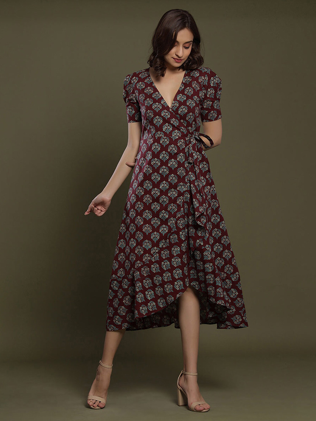 JISORA Women Maroon Floral Printed Midi Dress