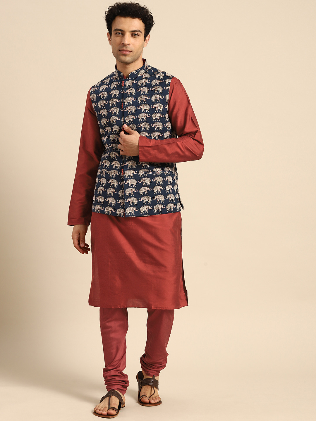 KISAH Men Rust Brown & Navy Blue Printed Pure Cotton Kurta with Churidar & Jacket