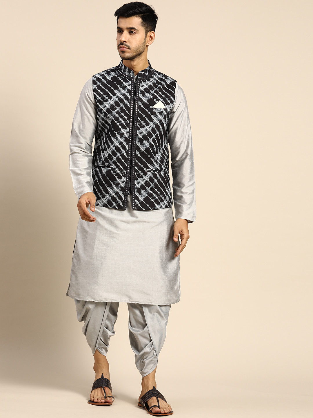 KISAH Men Grey Solid Kurta with Dhoti Pants & Tie & Dye Nehru Jacket