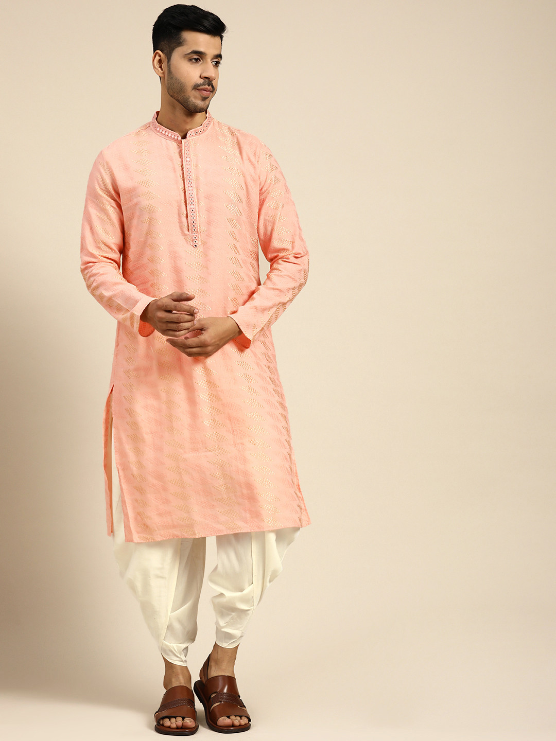 KISAH Men Pink Embroidered Pure Cotton Kurta with Dhoti Pants