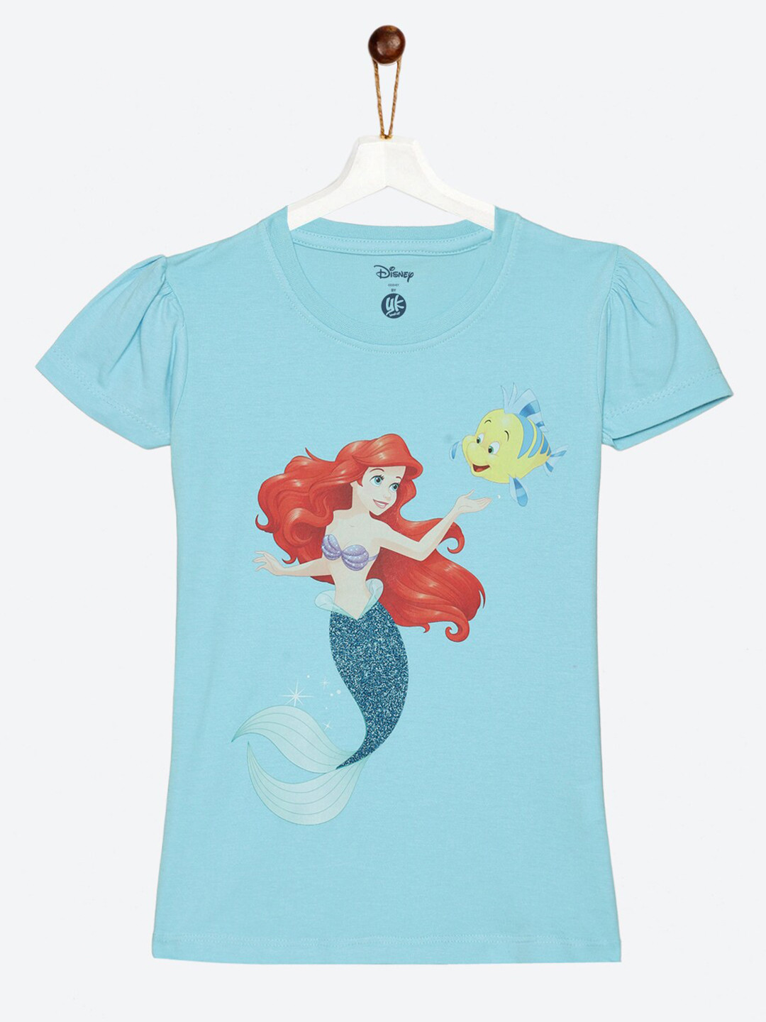 YK Disney Girls Blue little Mermaid Ariel Print Puff Sleeves Cotton T-shirt
