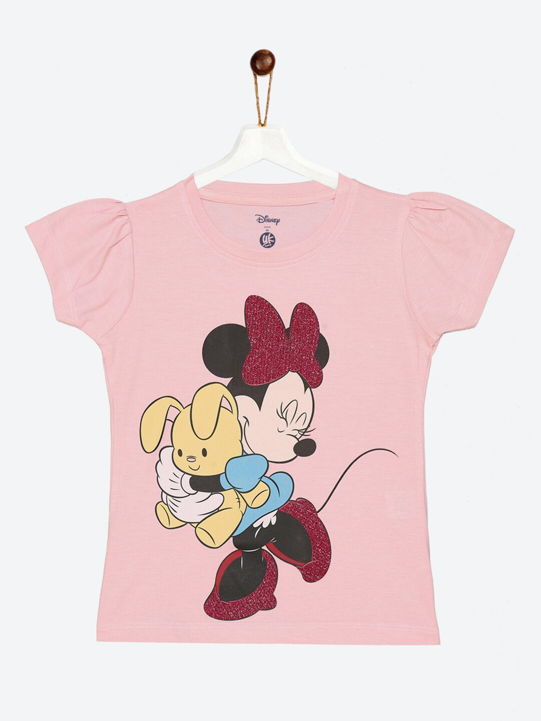 YK Disney Girls Pink Minnie Mouse Glitter Printed Puff Sleeves Cotton T-shirt