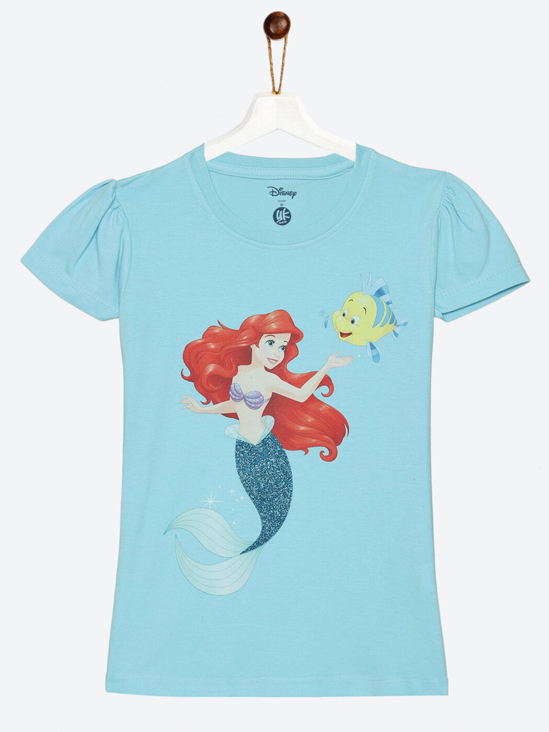 YK Disney Girls Blue Little Mermaid Ariel Printed Cotton T-shirt