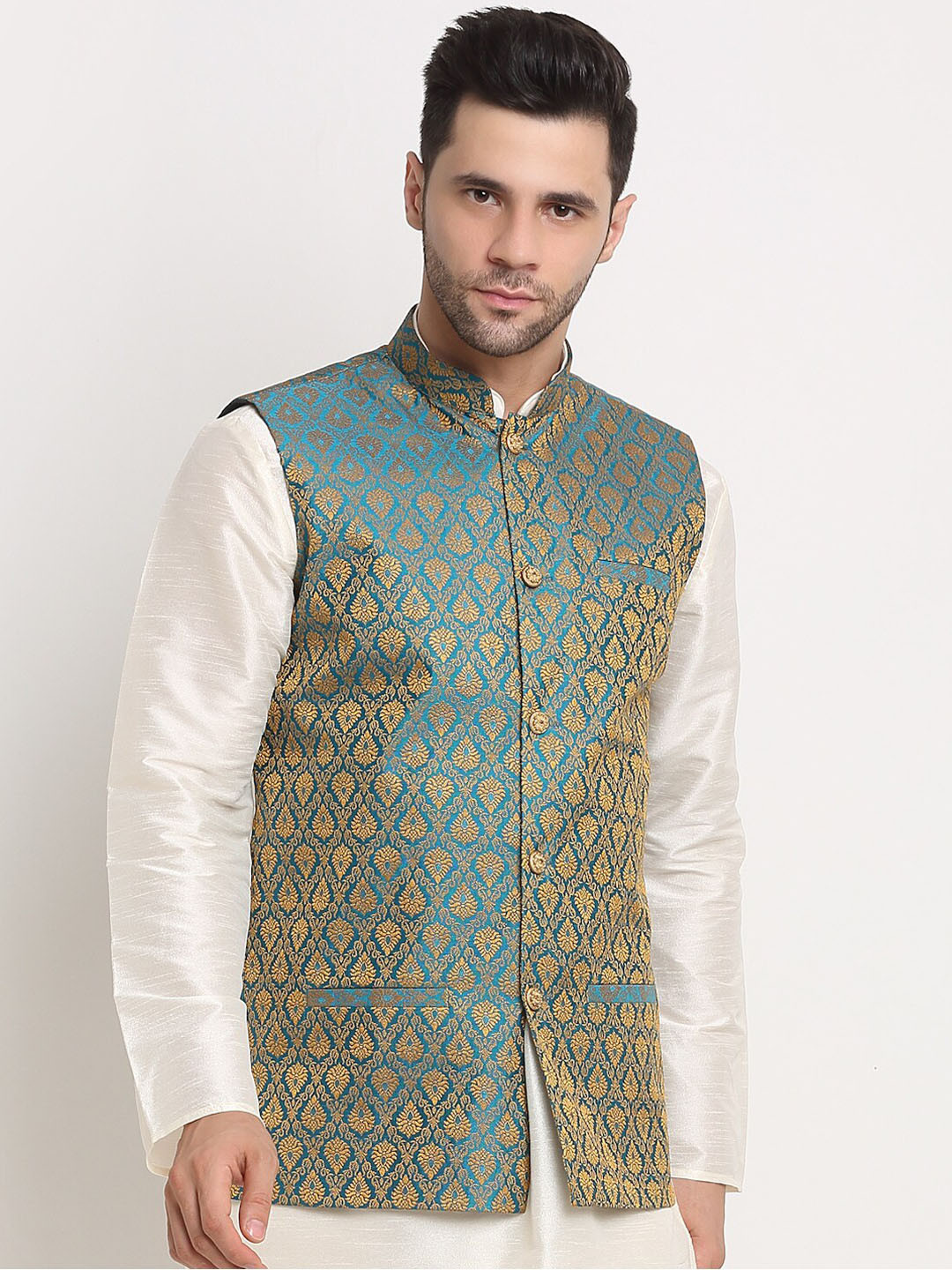 KRAFT INDIA Men Blue Jacquard Woven Design Jacket
