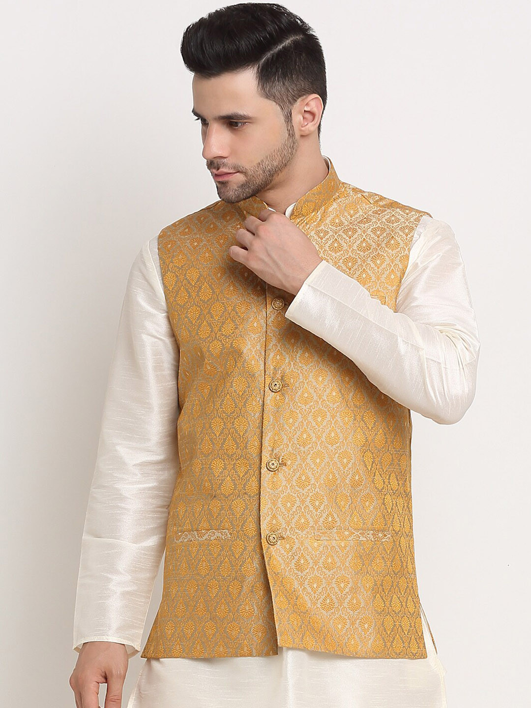 KRAFT INDIA Men Gold-Coloured Jacquard Woven Design Nehru Jacket