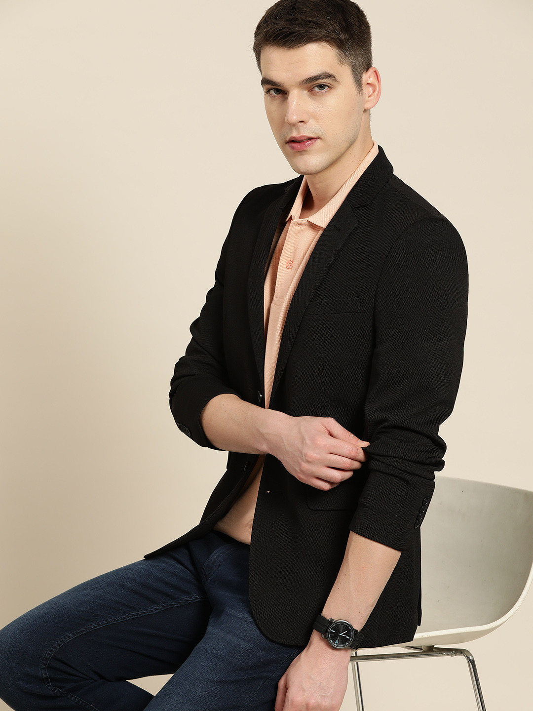 INVICTUS Men Black Self Design Slim Fit Single Breasted Blazer