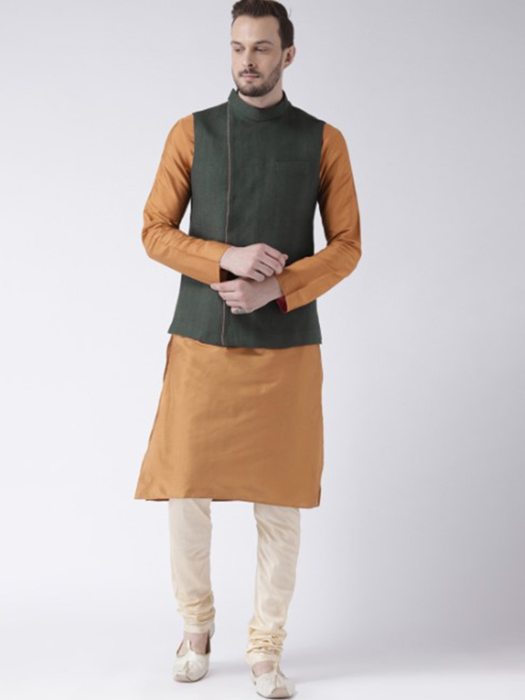 KISAH Men Olive Green Kurta with Churidar & With Jacket