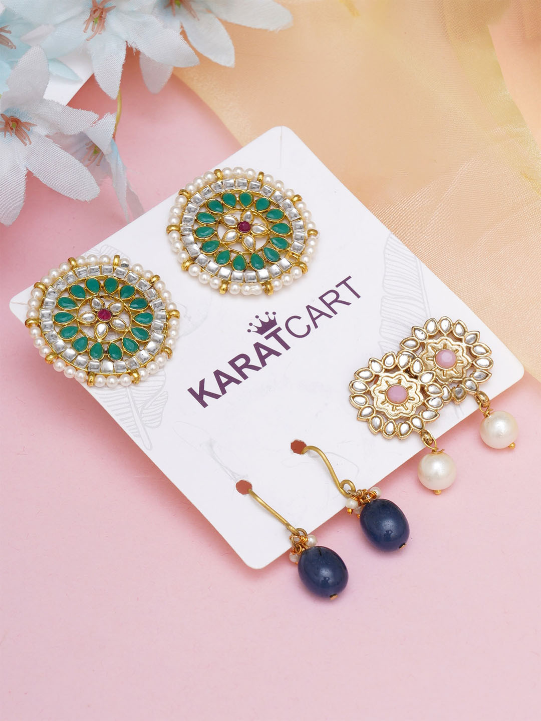 KARATCART Set Of 3 Gold-Plated Classic Studs Earrings