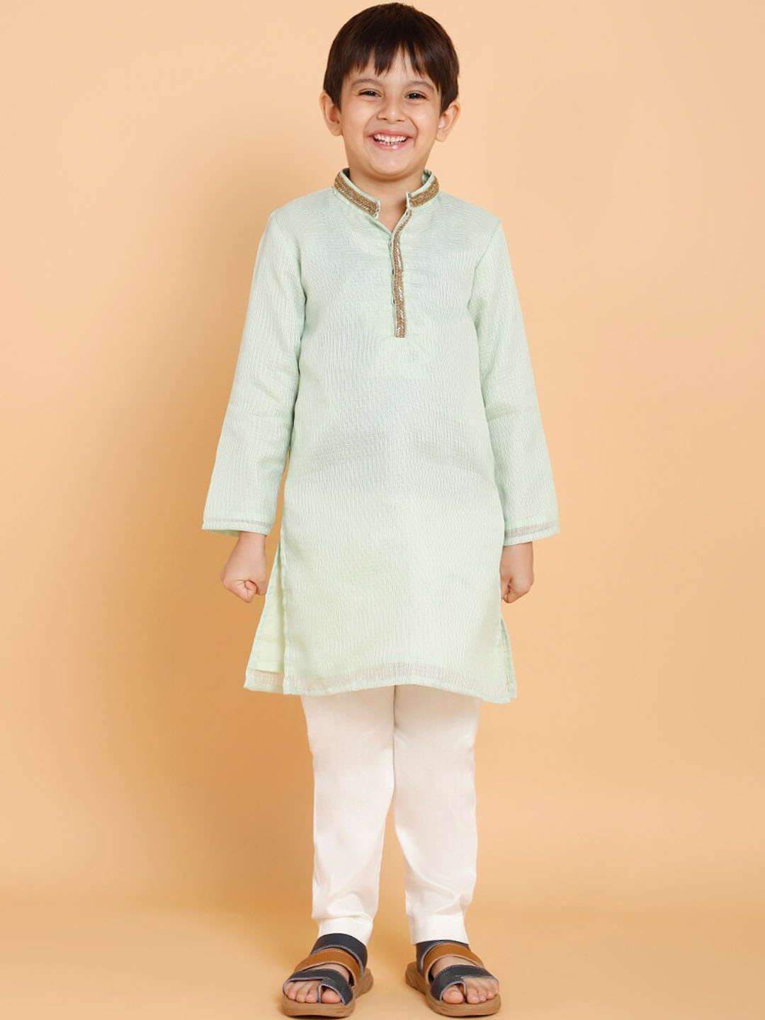 PICCOLO Boys Green Embroidered Beads and Stones Kurta with Churidar