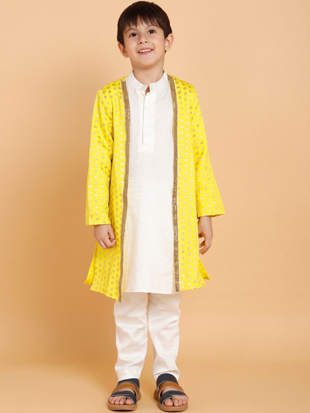 PICCOLO Boys Off White Printed Pure Cotton Kurta with Pyjamas & Jacket