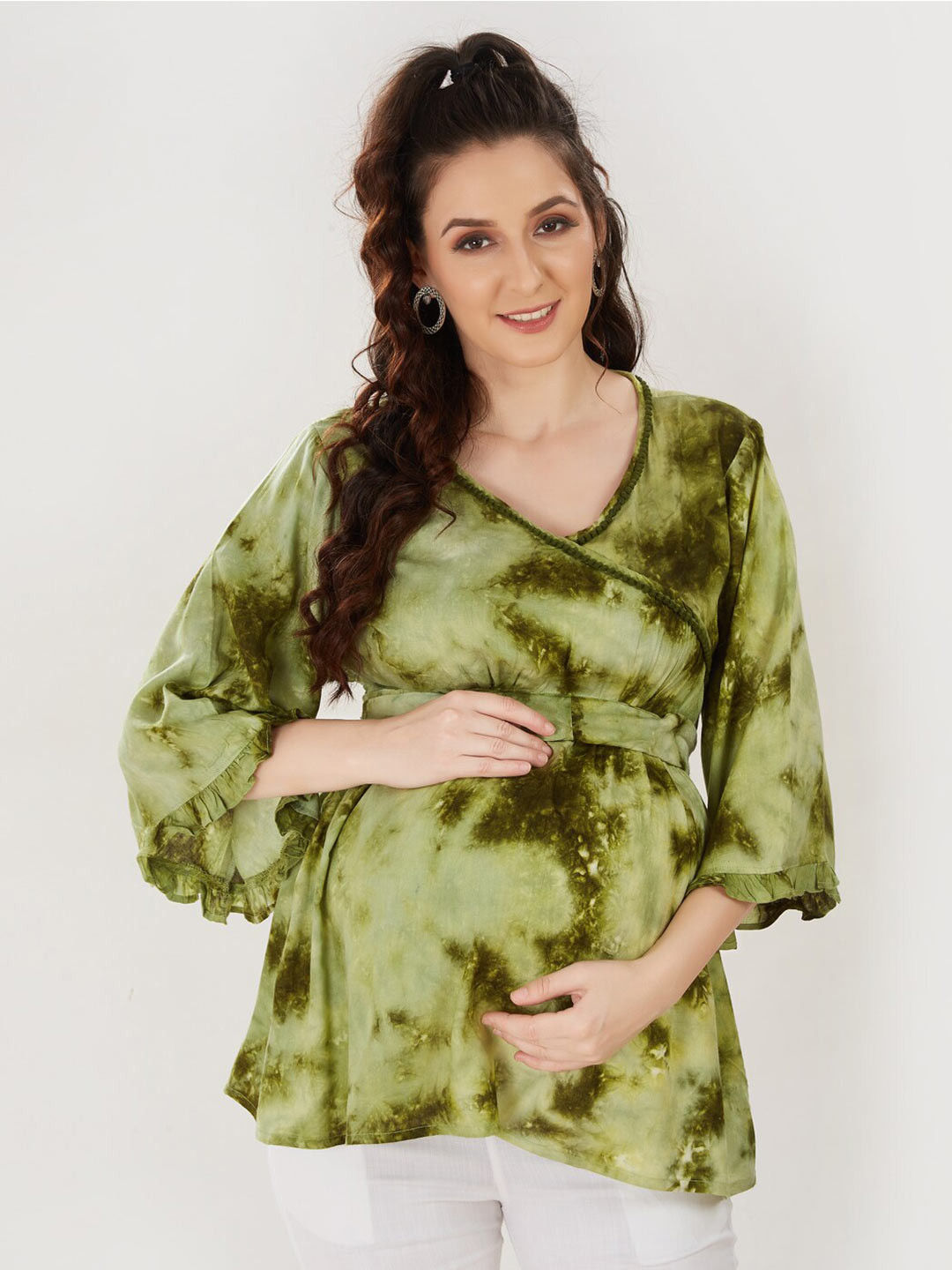 Mom For Sure by Ketki Dalal Women Olive Green Tie Dye Maternity Top