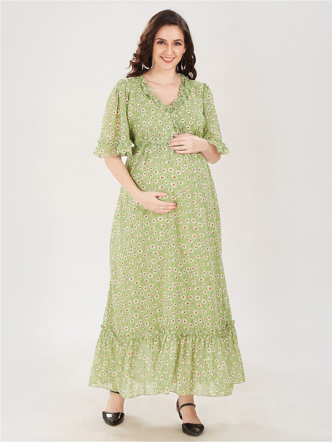 Mom For Sure by Ketki Dalal Green Floral Georgette Maternity Maxi Dress