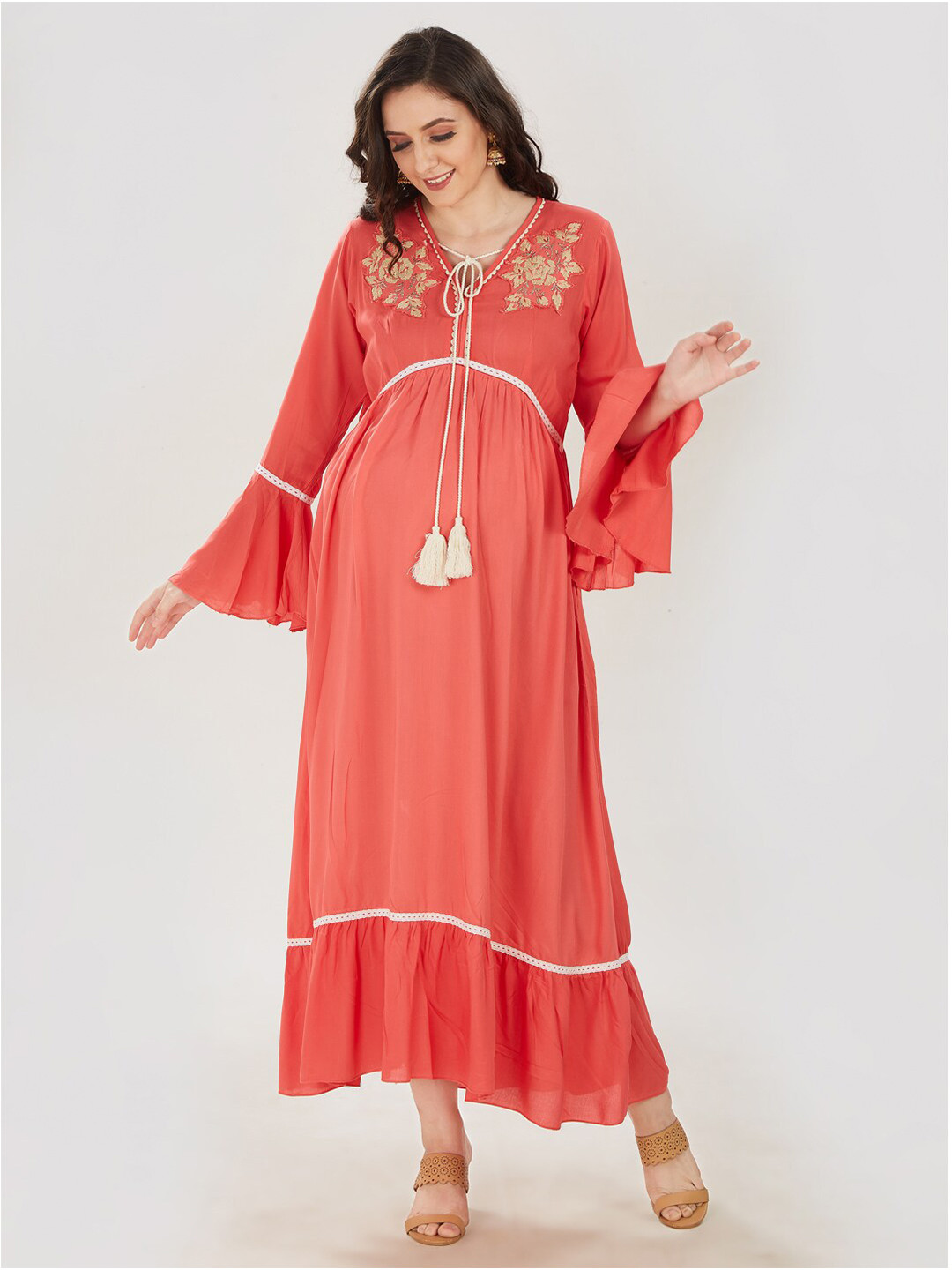 Mom For Sure by Ketki Dalal Women Coral Embroidered Maternity Maxi Dress