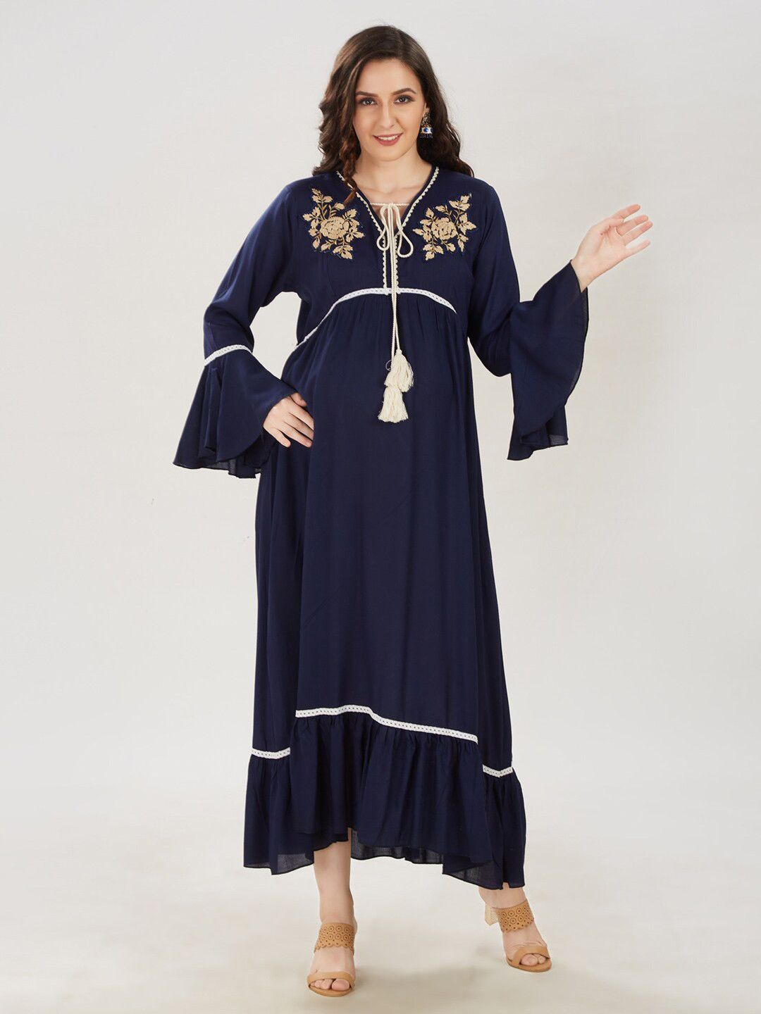Mom For Sure by Ketki Dalal Women Navy Blue Embroidered Maternity Maxi Dress