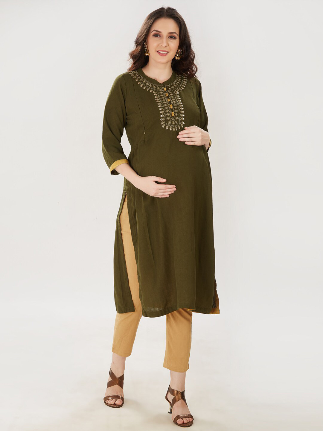 Mom For Sure by Ketki Dalal Women Olive Green Embroidered Maternity Crepe Kurta