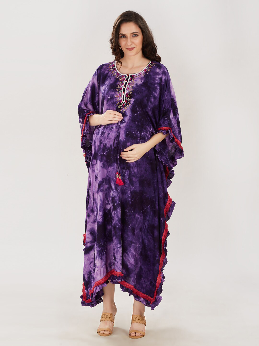 Mom For Sure by Ketki Dalal Women Purple Tie and Dye Neck Maternity Kaftan Midi Dress