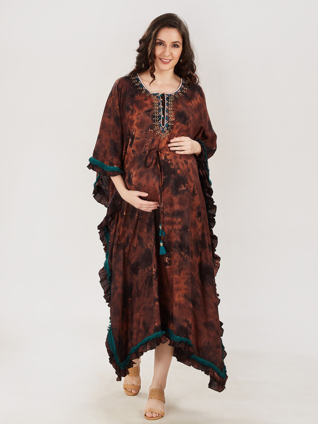 Mom For Sure by Ketki Dalal Women Brown & Black Tie and Dye Maternity Kaftan Dress