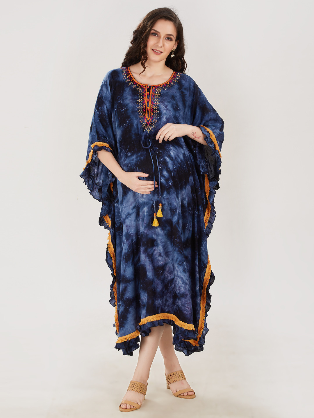 Mom For Sure by Ketki Dalal Women Navy Blue Tie and Dye Dyed Maternity Kaftan Midi Dress