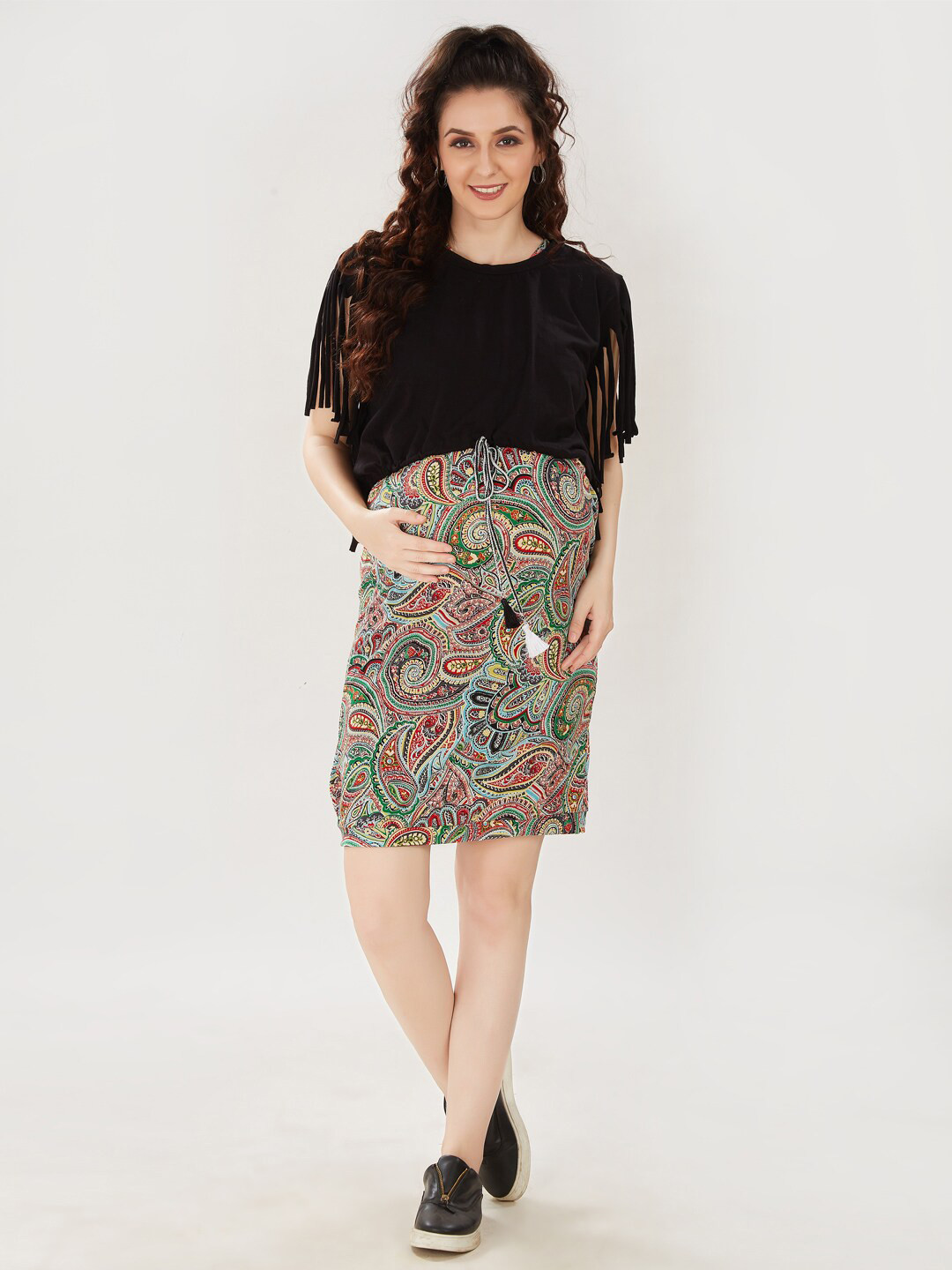 Mom For Sure by Ketki Dalal Multicoloured Ethnic Motifs Halter Neck Fringed Maternity Sheath Dress