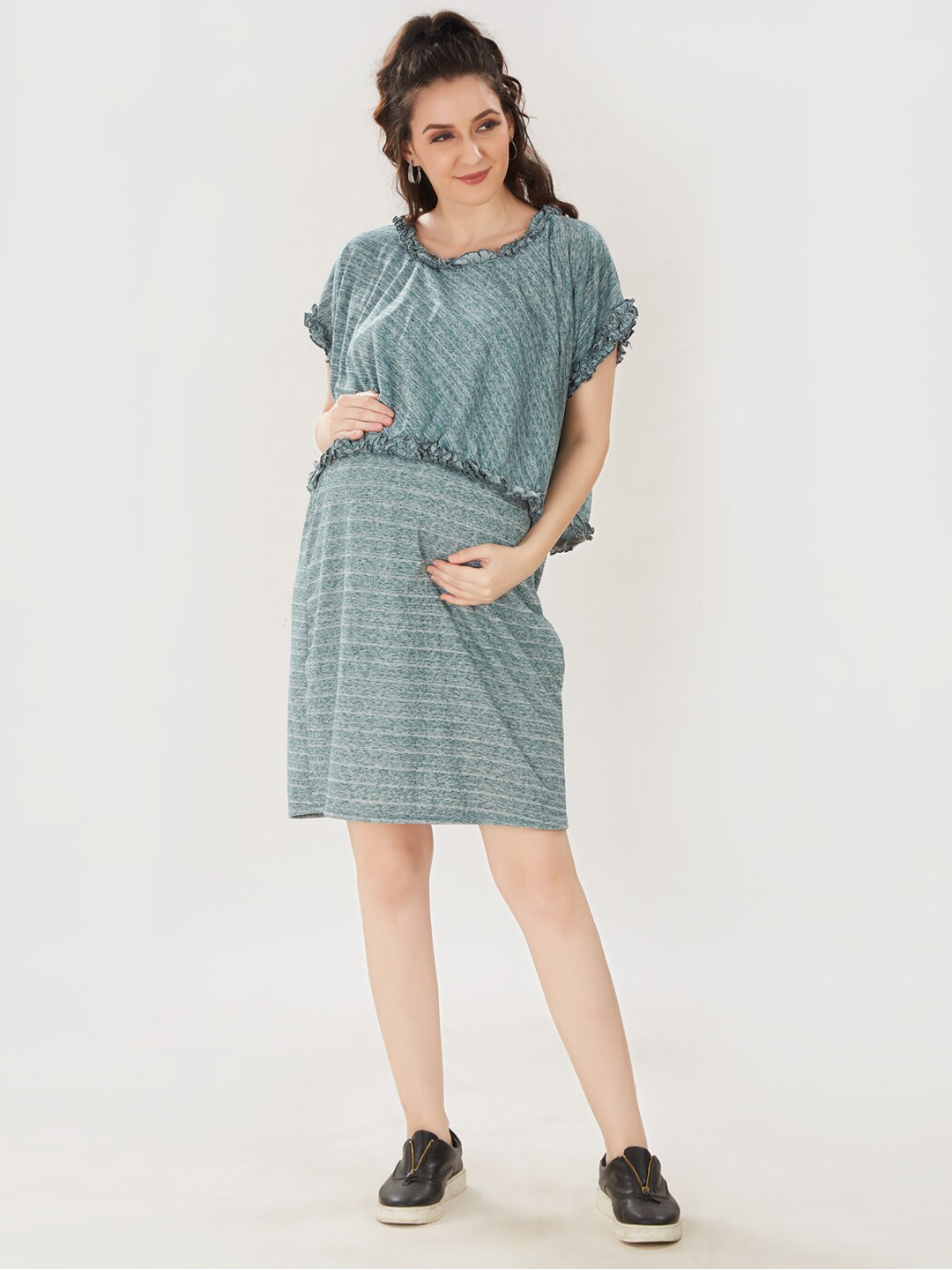 Mom For Sure by Ketki Dalal Women Sea Green Self Designed Cotton Maternity A-Line Dress
