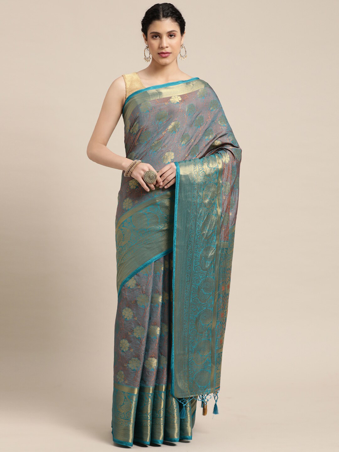 MIMOSA Turquoise Blue And Gold Toned Floral Woven Design Zari Art Silk Kanjeevaram Saree